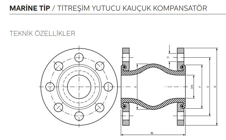 marine tip kauçuk titreşim yutucu kompansatör teknik çizimi